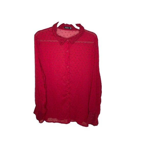 Boohoo Tops - Boohoo Shirt Plus Sized 14 Red Heart Print Oversize Mesh Thin Button Up Long
